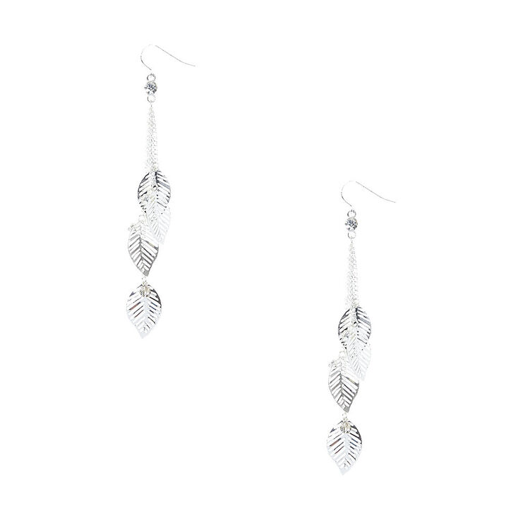 Silver Tone Falling Leaves Chain Drop Earrings,