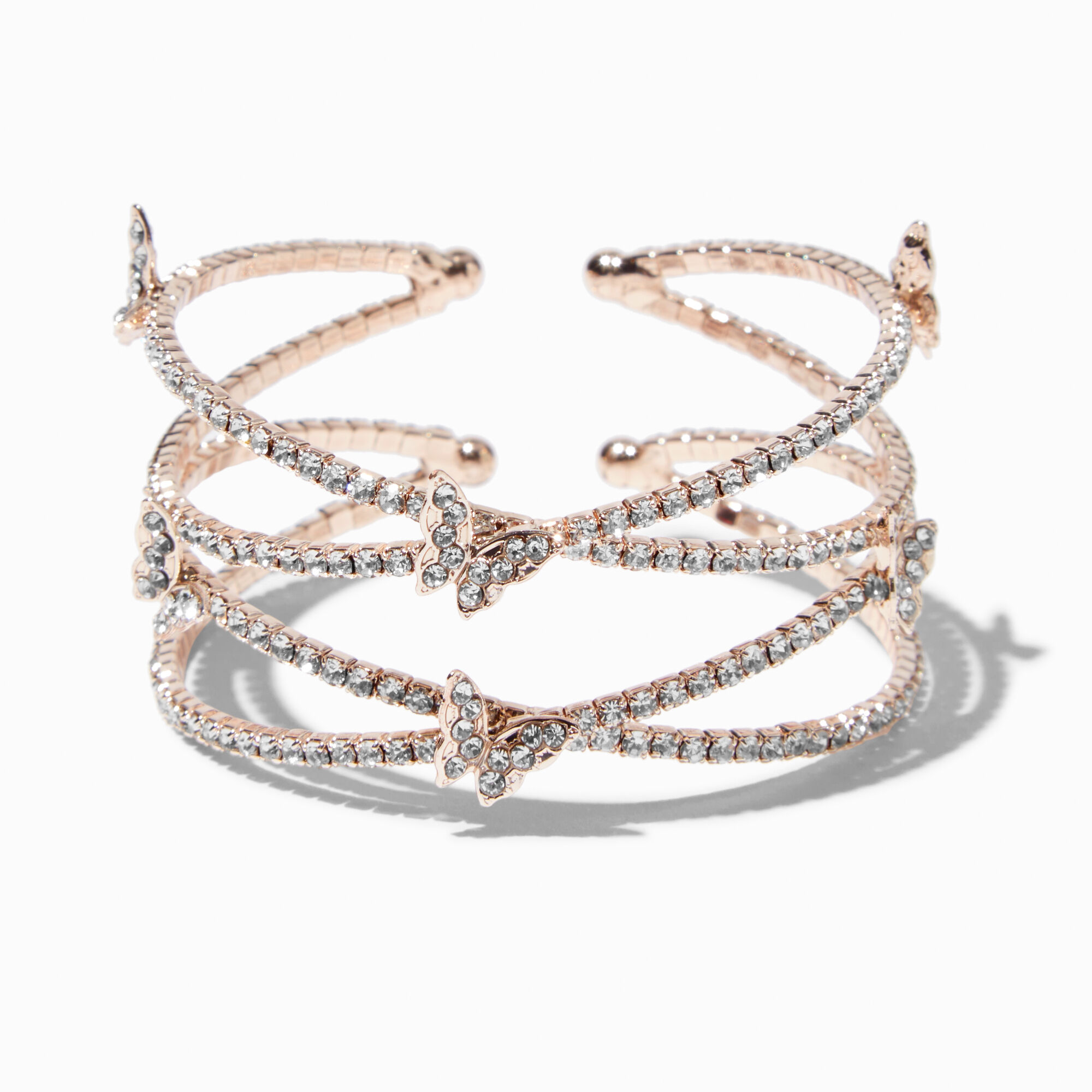 View Claires Rhinestone Butterfly Tone Criss Cross Cuff Bracelet Rose Gold information