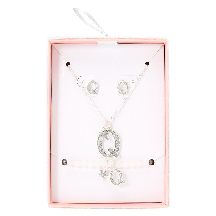 Silver Iridescent Glitter Initial Letter Q Jewellery Set,