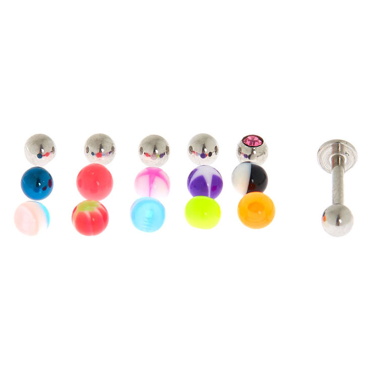 Lot de 16 boules de rechange pour clous de piercing labret 1,2mm couleur argent&eacute;,