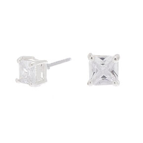 Silver-tone Cubic Zirconia Square Stud Earrings - 5MM,