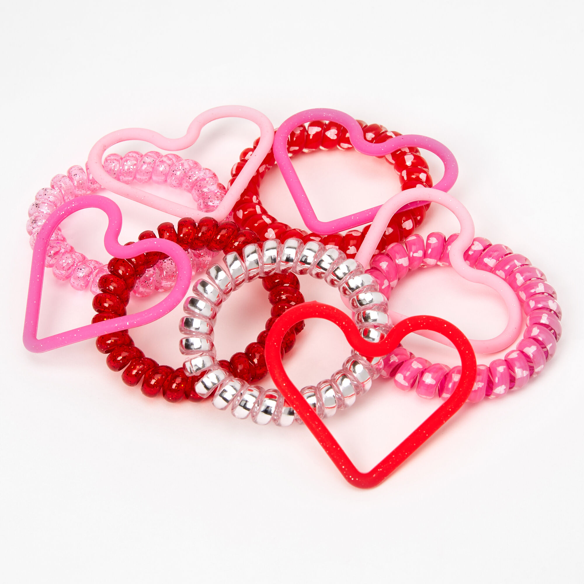 Pink & Red Coils and Hearts Bracelets - 10 Pack,