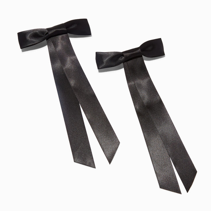Black Satin Long Tailed Hair Bow Clips - 2 Pack,