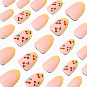 Yellow French Tip Cherry Almond Vegan Faux Nail Set - 24 Pack,
