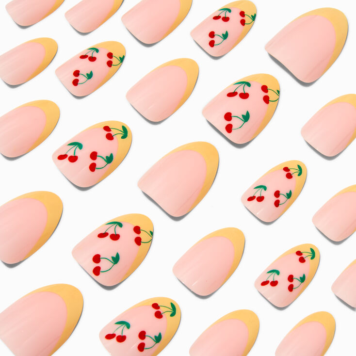 Yellow French Tip Cherry Almond Vegan Faux Nail Set - 24 Pack,