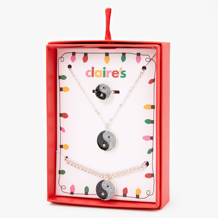 Claire's Coffret cadeau parure de bijoux Yin Yang à paillettes couleur argentée - Lot de 3