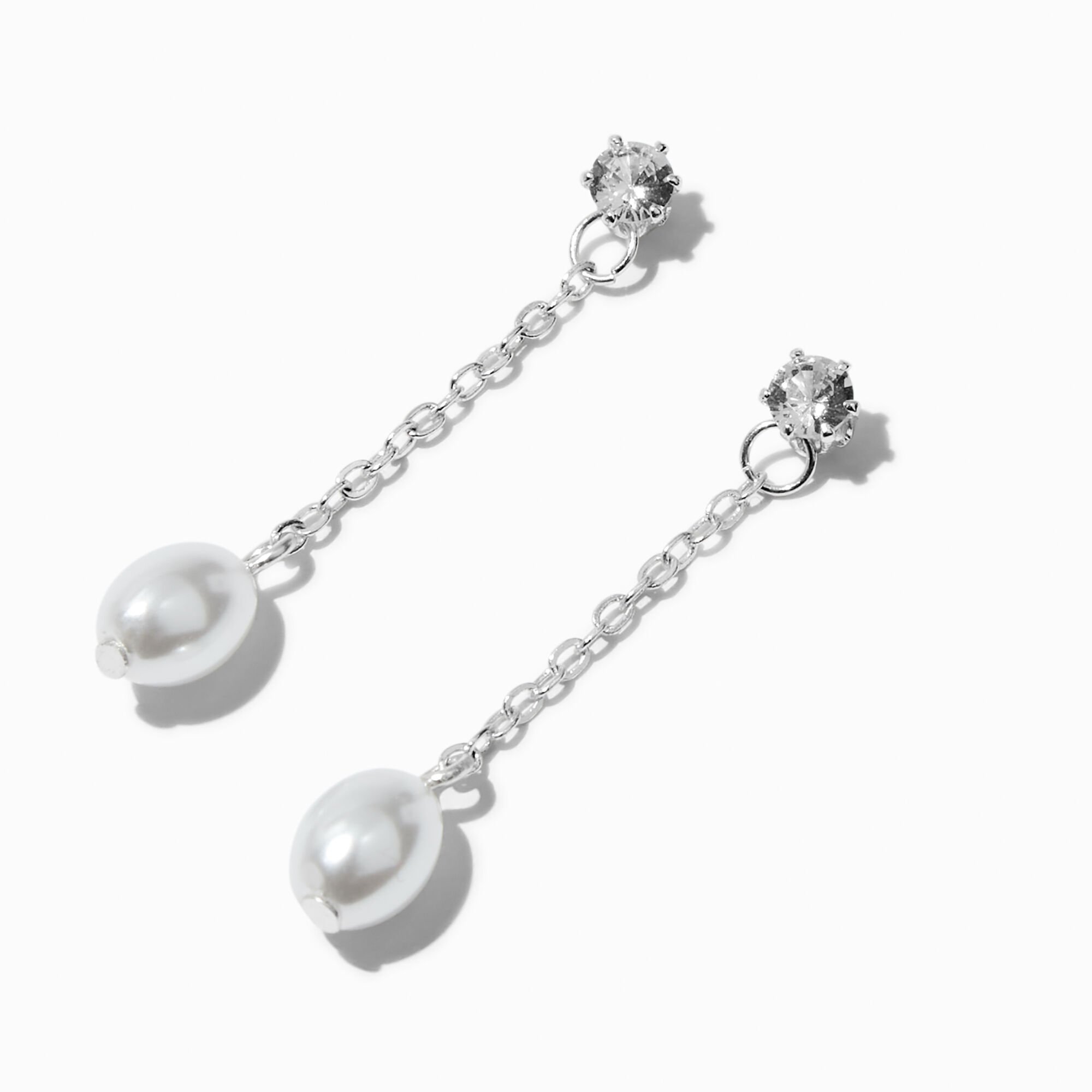 Silver-tone Pearl & Cubic Zirconia 1.5" Linear Drop Earrings,