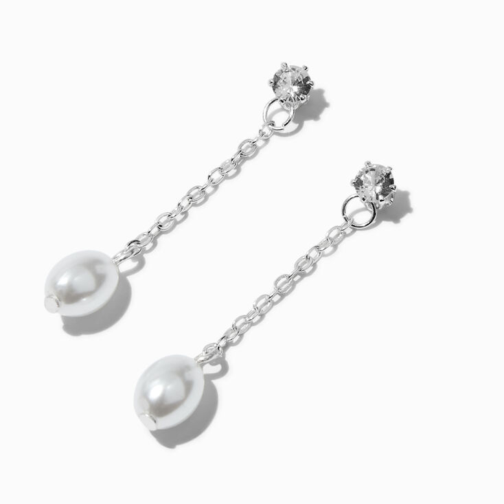 Silver-tone Pearl &amp; Cubic Zirconia 1.5&quot; Linear Drop Earrings,