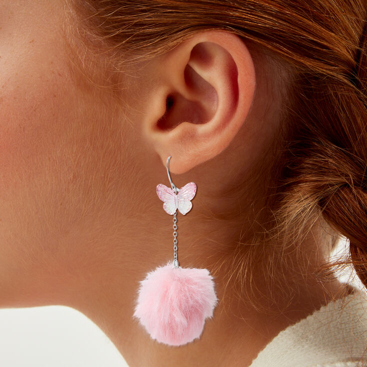 Pink Butterfly Pom Pom 3&#39;&#39; Drop Earrings,