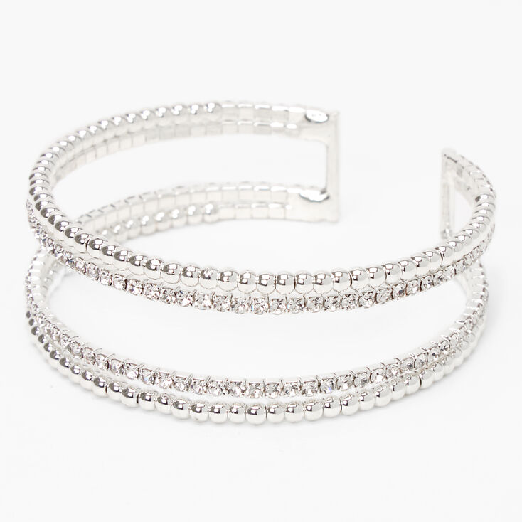 Silver Beaded Rhinestone Open Cuff Bracelet,