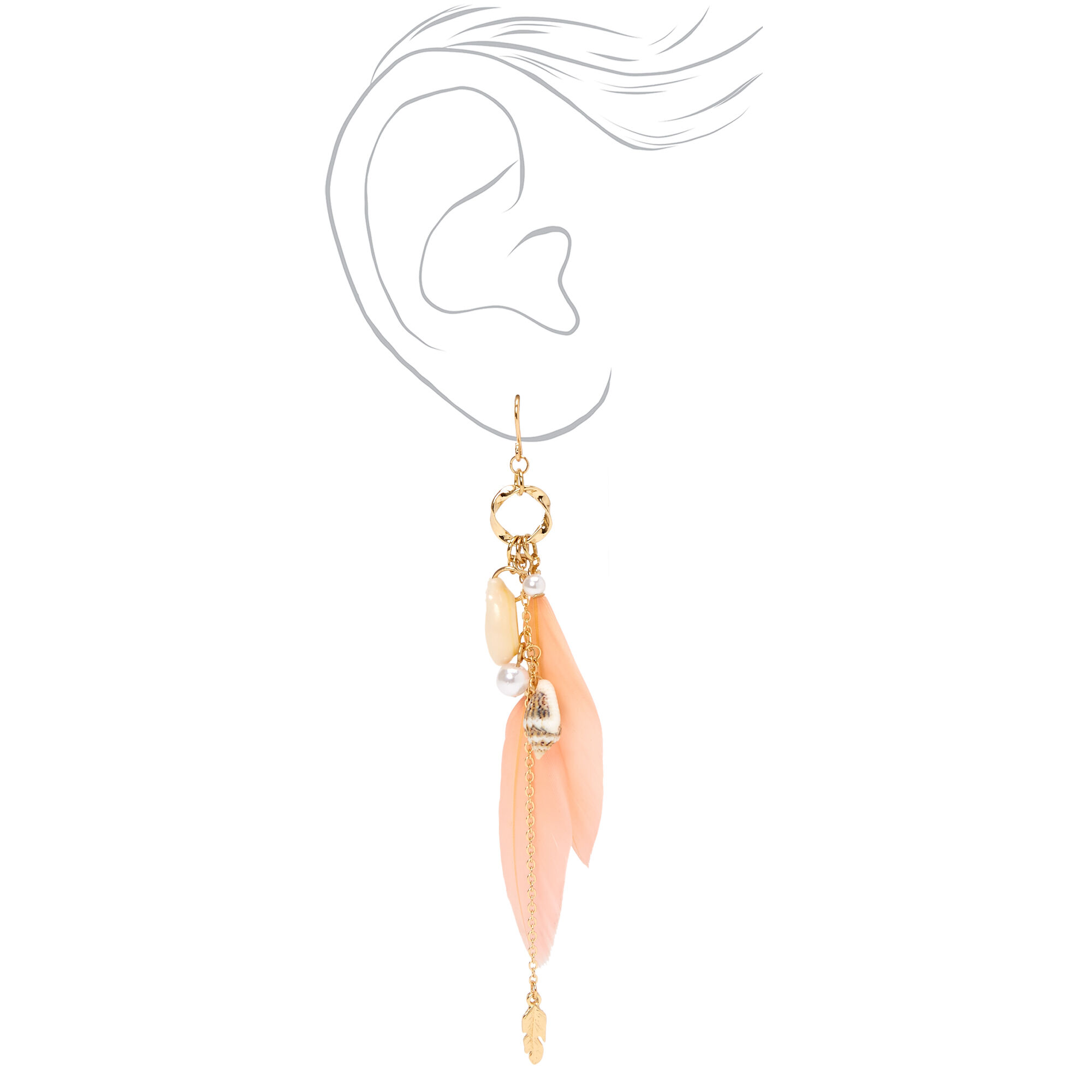 Gold 4" Cowrie & Conch Seashell Feather Drop Earrings - Pink,