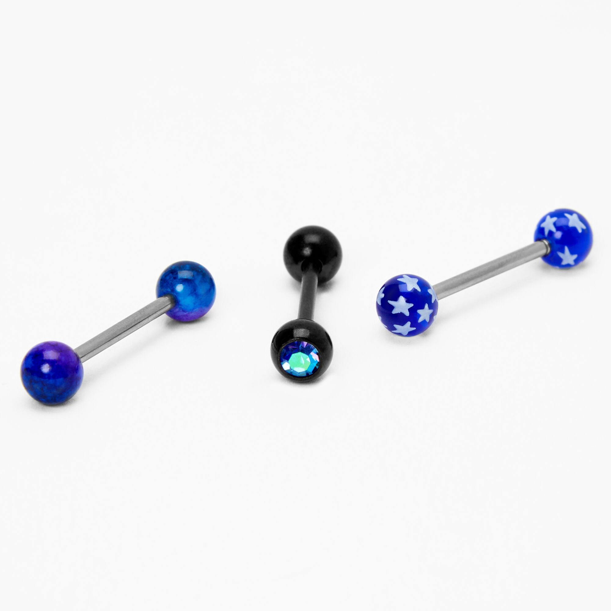 Silver 14G Solid Star Tongue Rings Blue 3 Pack