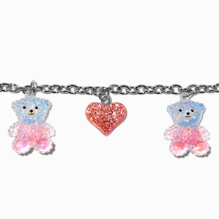 Bear &amp; Glitter Heart Silver-tone Charm Bracelet,
