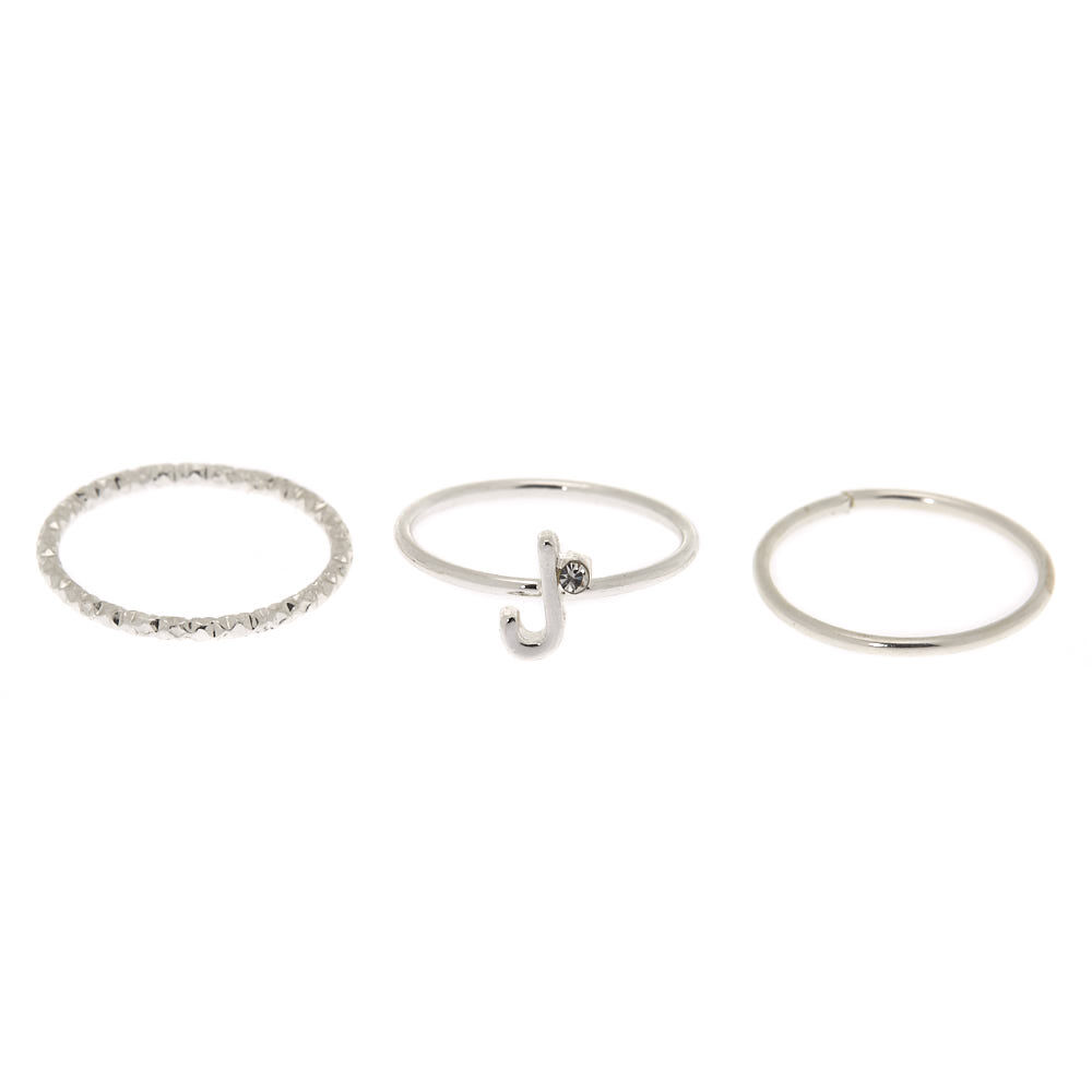 Silver Initial Midi Rings - J, 3 Pack,