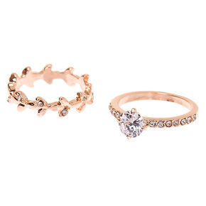 Rose Gold Cubic Zirconia Leaf Rings - 2 Pack,