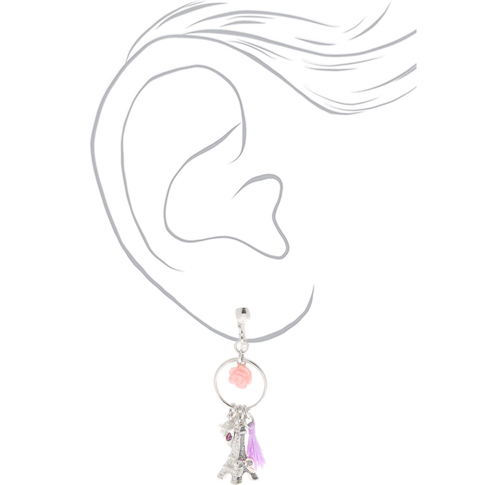 Silver 1.5 Eiffel Tower Tassel Clip On Drop Earrings