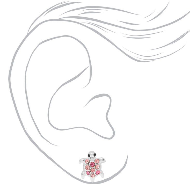 Silver-tone Embellished Turtle Stud Earrings - Pink,