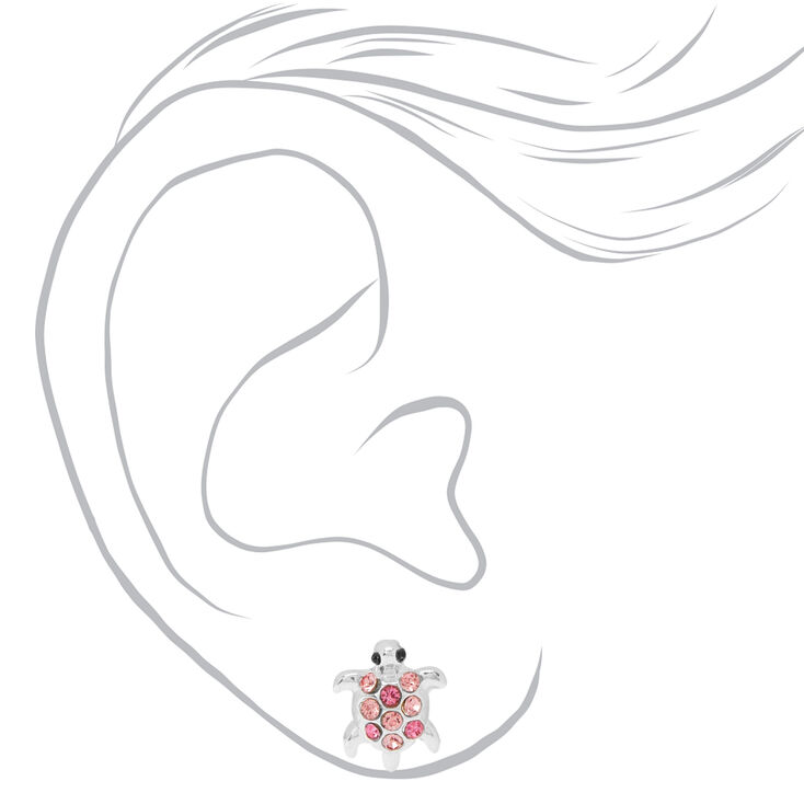 Silver Embellished Turtle Stud Earrings - Pink,