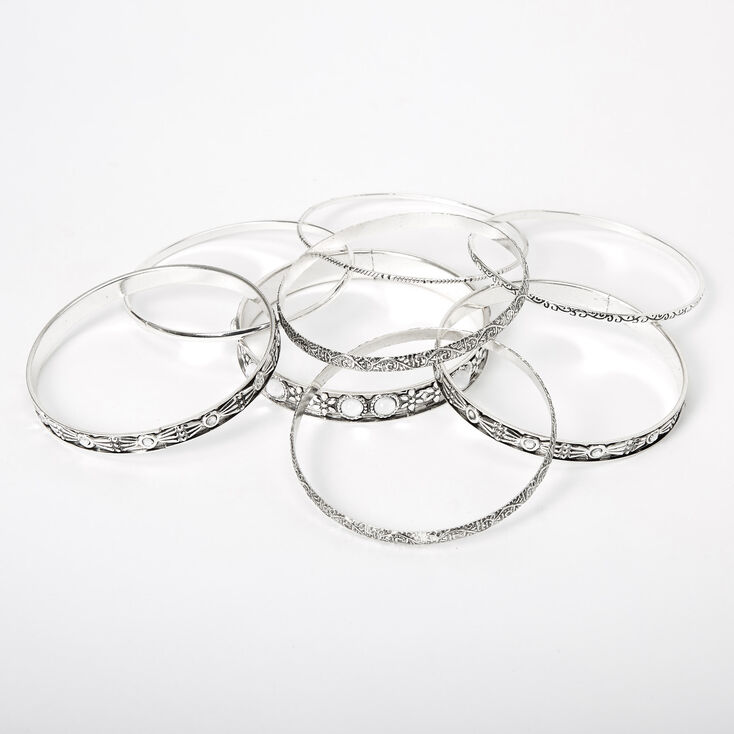 Silver Clear Stone Filigree Bangle Bracelets - 8 Pack,