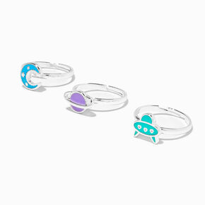 Silver Glow In The Dark Cool Outer Space Rings - 3 Pack,