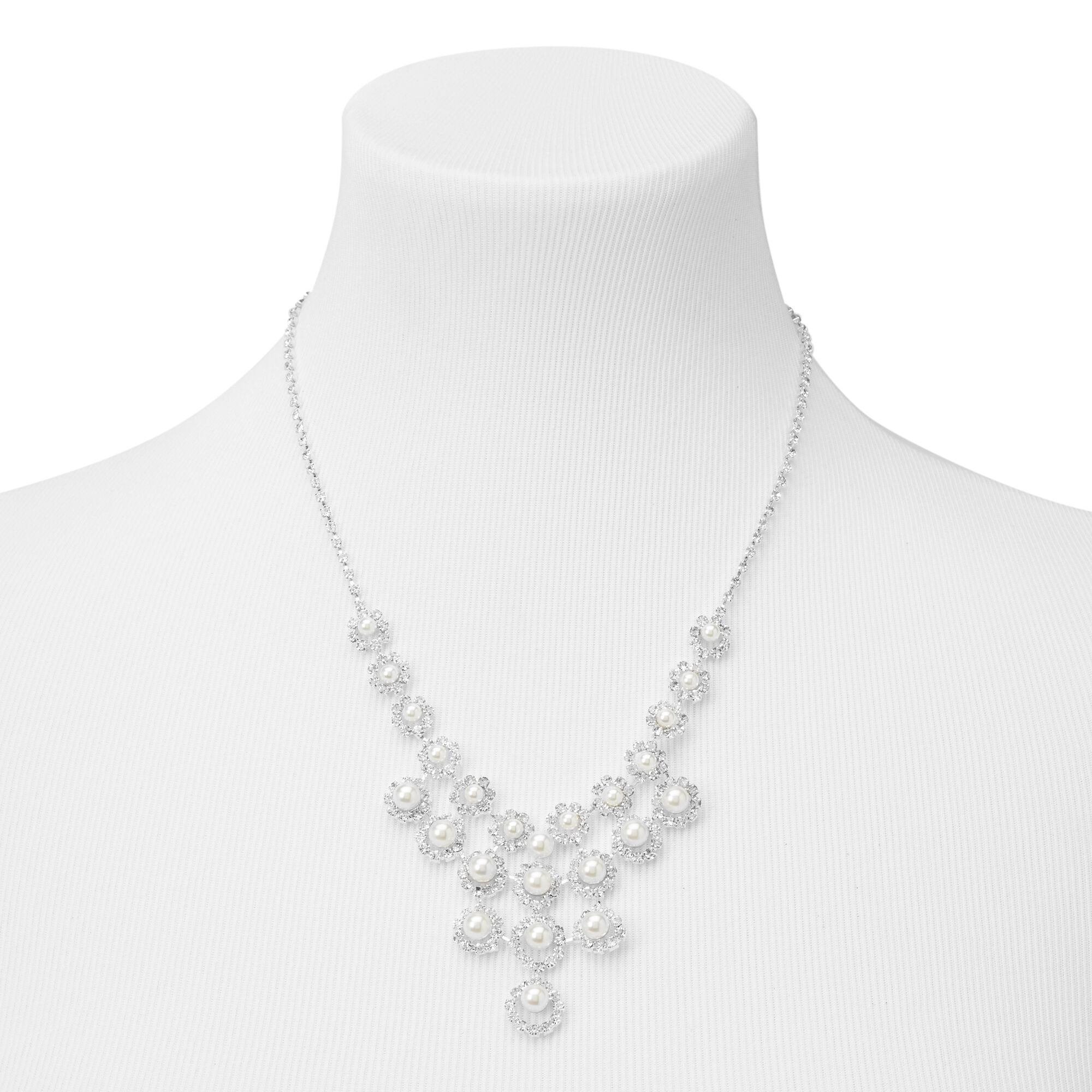 Pearl & Rhinestone Necklace & Drop Earring Set,