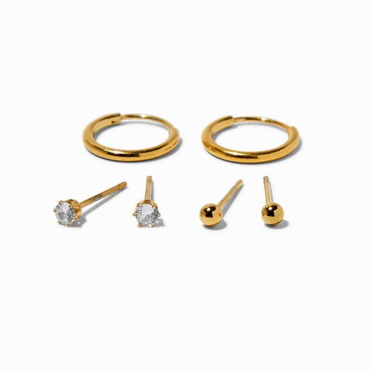 Gold-tone Stainless Steel Cubic Zirconia Earrings Set - 3 Pack,