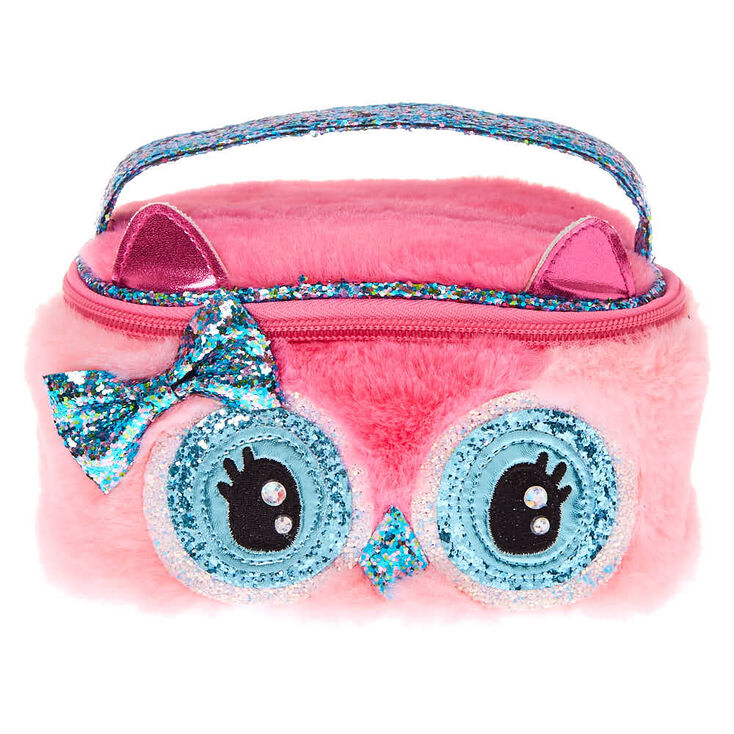 Trousse de maquillage chouette en peluche rose,