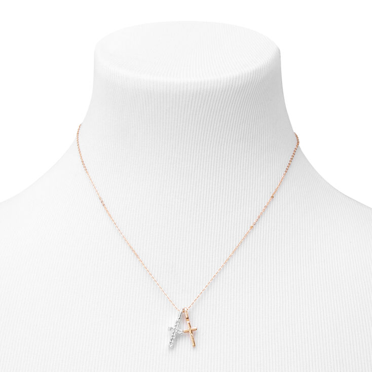 Mixed Metal Double Cross Pendant Necklace,