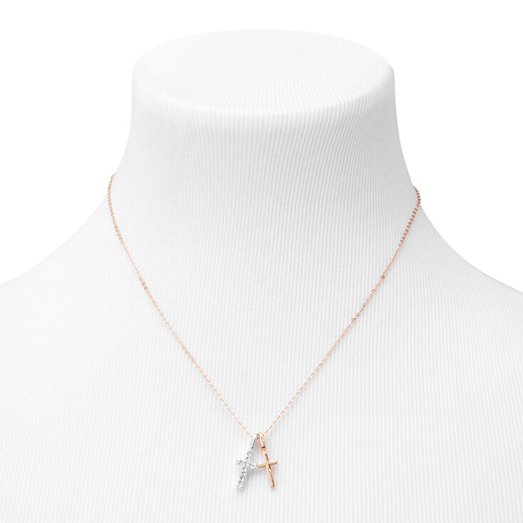Mixed Metal Double Cross Pendant Necklace | Claire's US