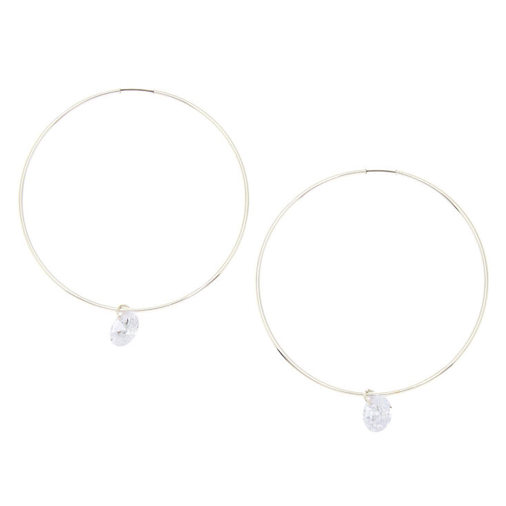 Silver 50MM Cubic Zirconia Stone Hoop Earrings,