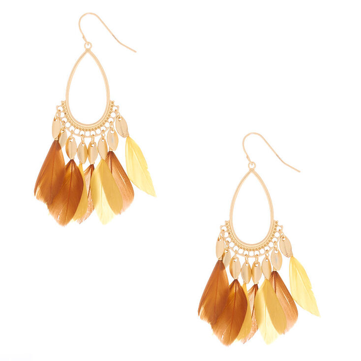 Claire's Pendantes en gouttes ornées de plumes jaunes 5 cm couleur doré