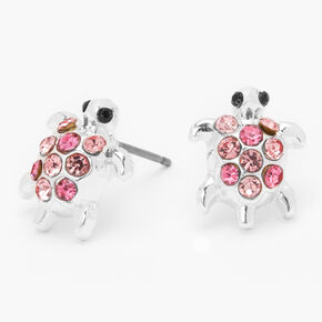 Silver-tone Embellished Turtle Stud Earrings - Pink,