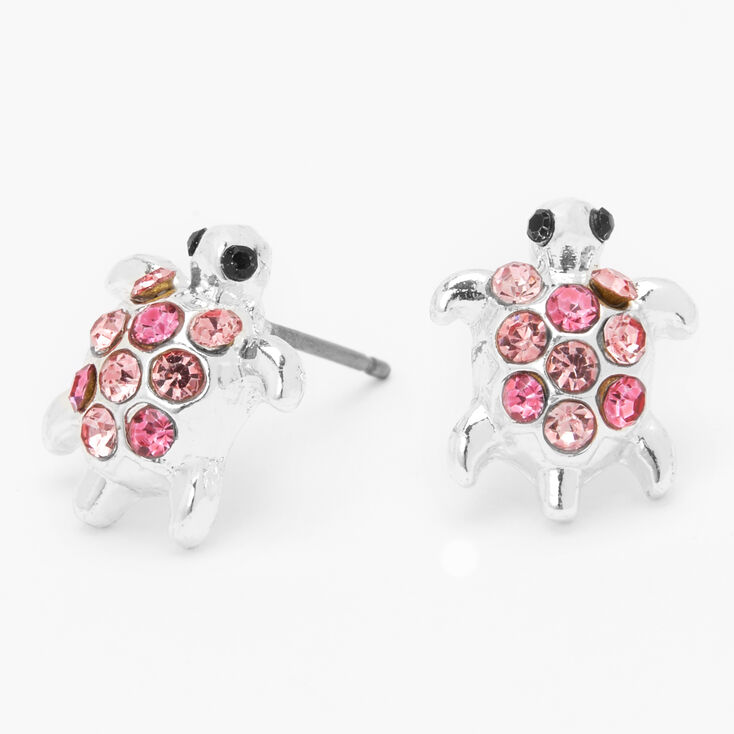 Clous d&#39;oreilles tortue ornement&eacute;e couleur argent&eacute;e - Rose,