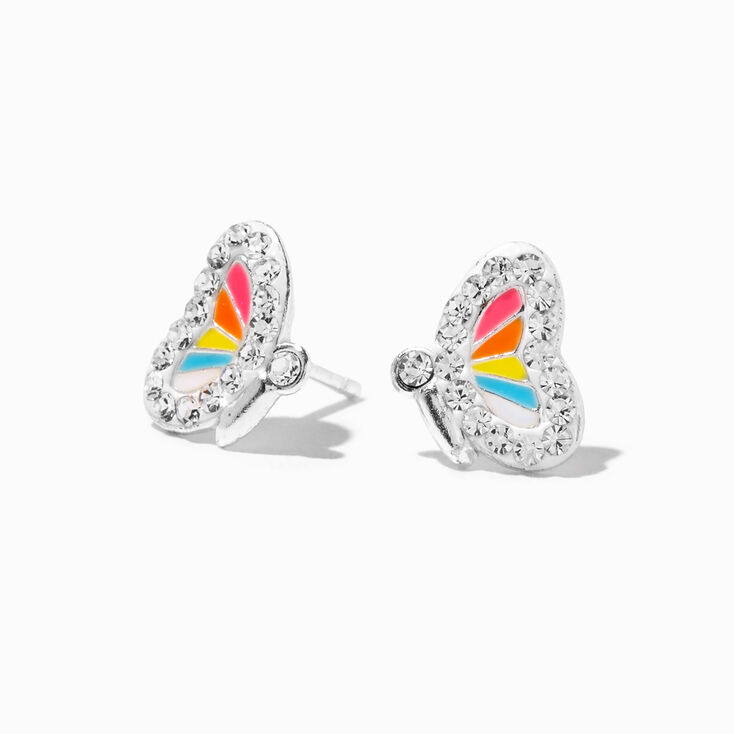 Sterling Silver Crystal Enamel Half Butterfly Stud Earrings