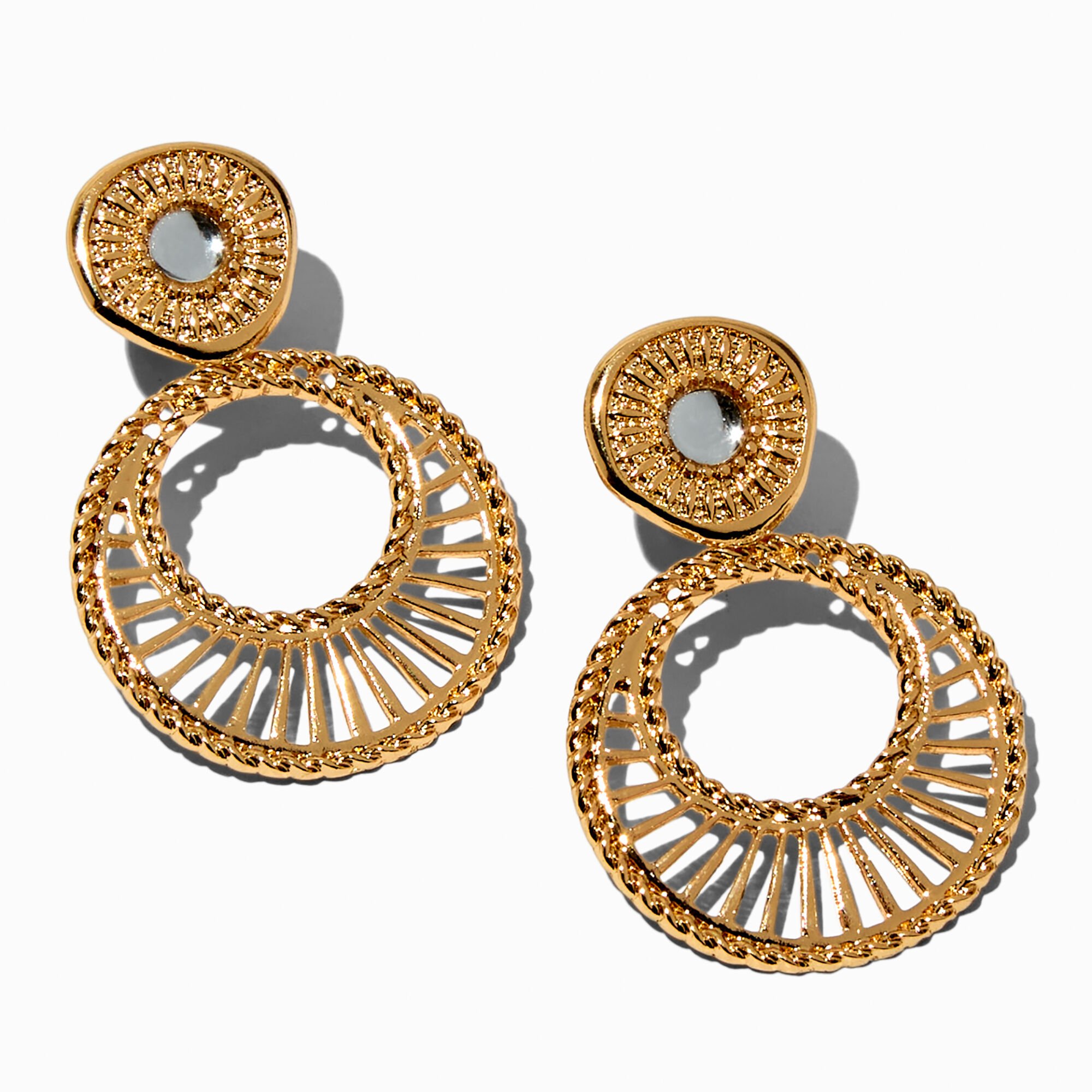 View Claires Tone Double Circle 2 ClipOn Drop Earrings Gold information
