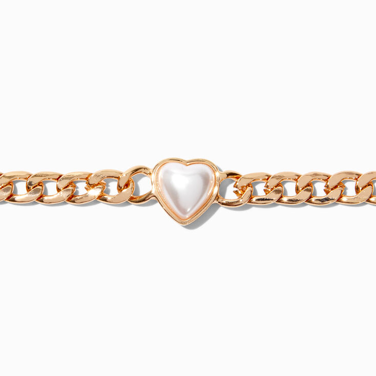 Gold-tone Pearl Heart Choker Necklace ,