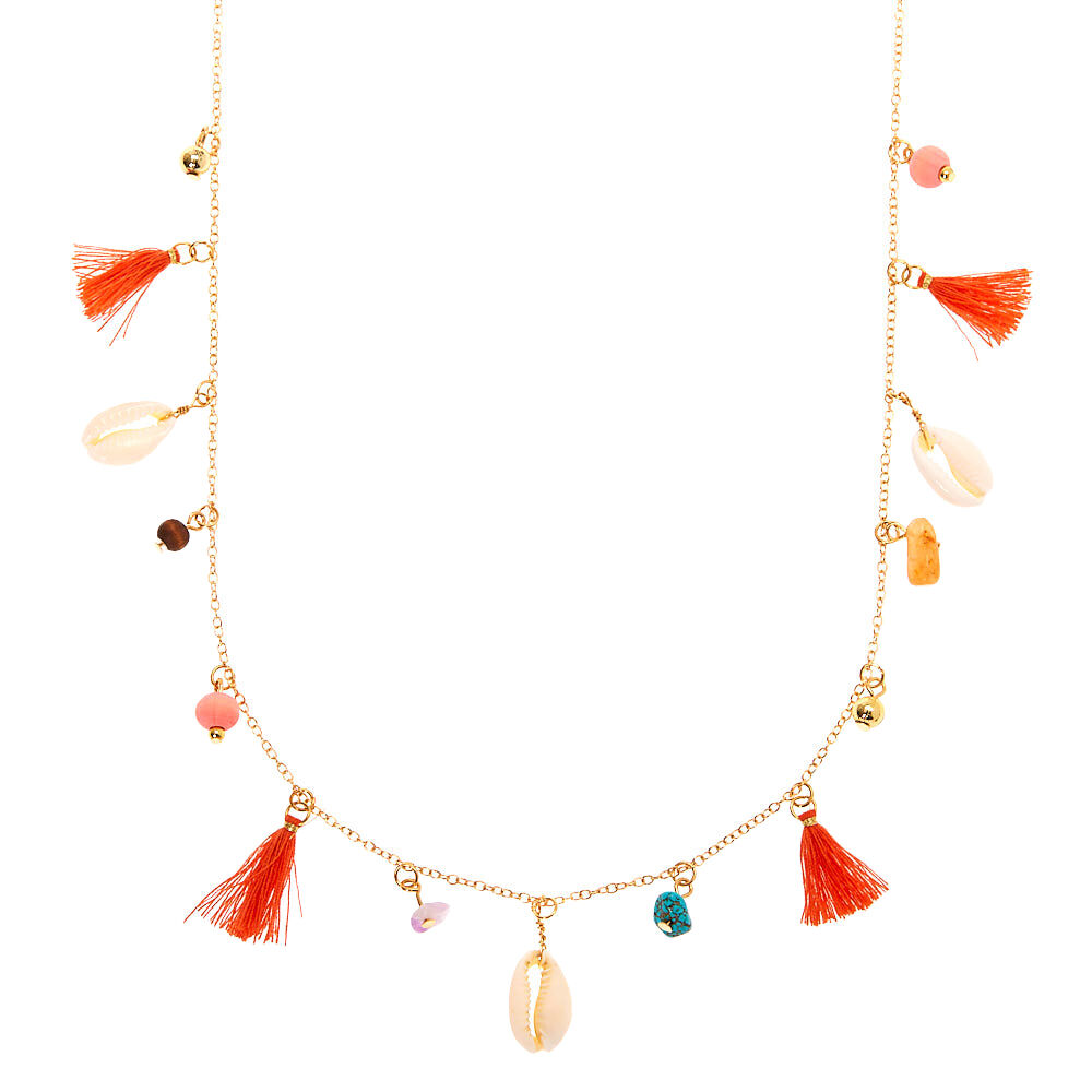 Gold Shell Tassel Long Pendant Necklace - Coral,