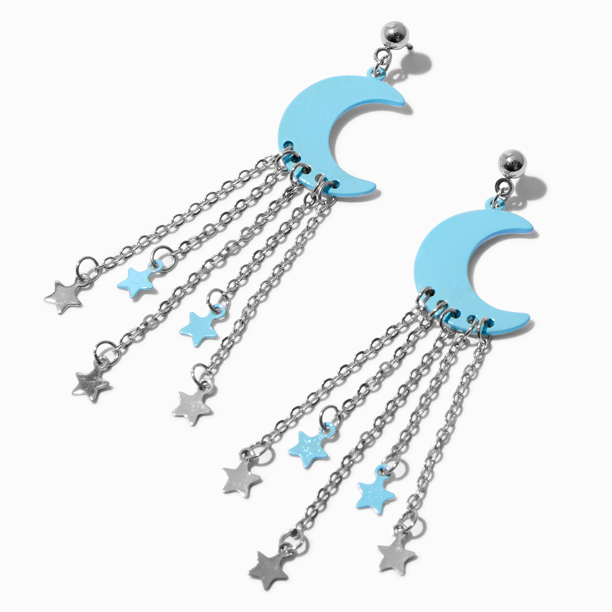 View Claires Iridescent Moon Stars 25 Chain Drop Earrings Silver information