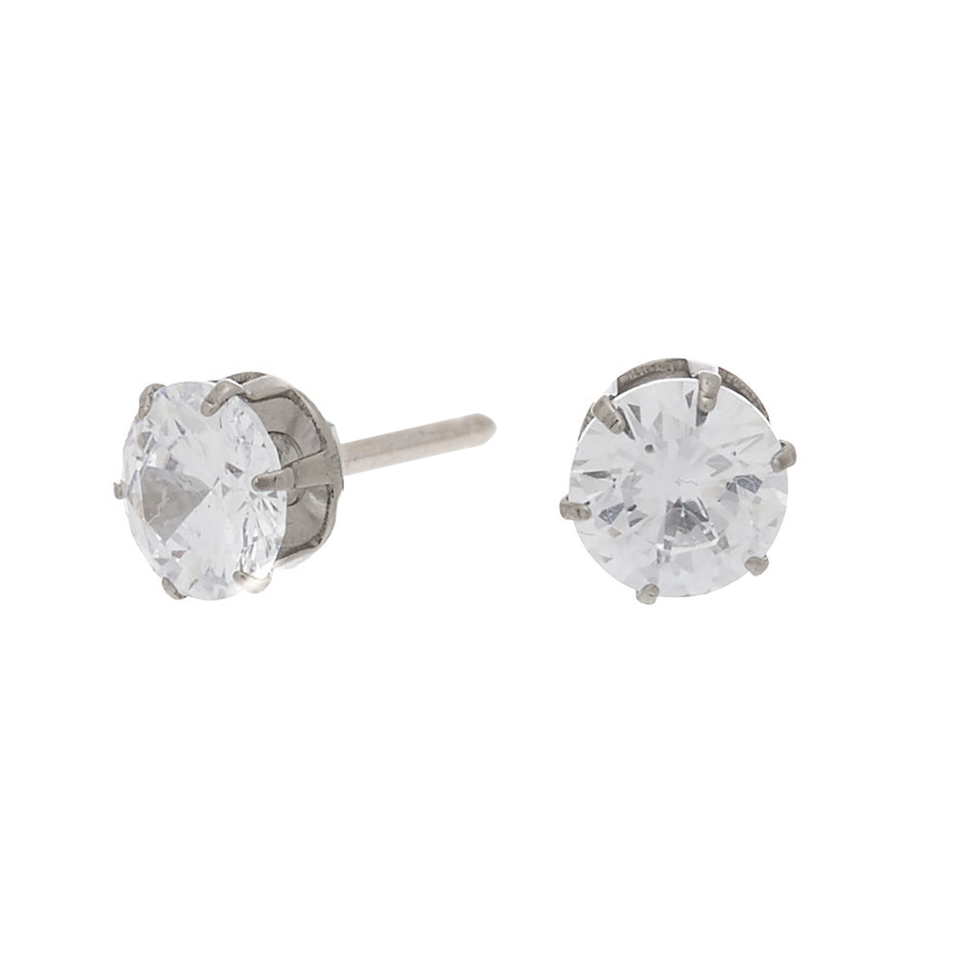 Silver Titanium Cubic Zirconia Round Stud Earrings 6MM