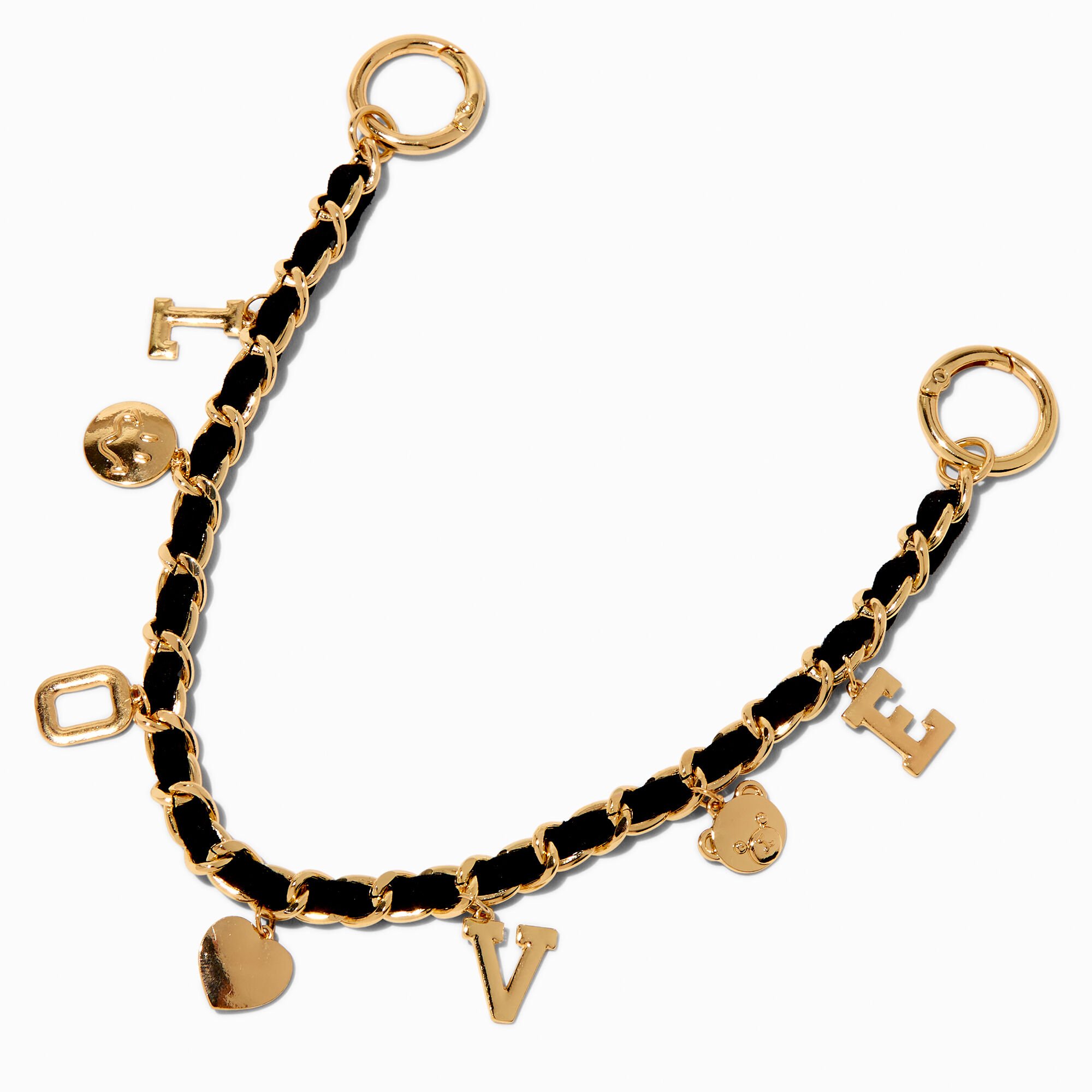 "Love" Charmy Black & Gold-tone Woven Chain Bag Charm,