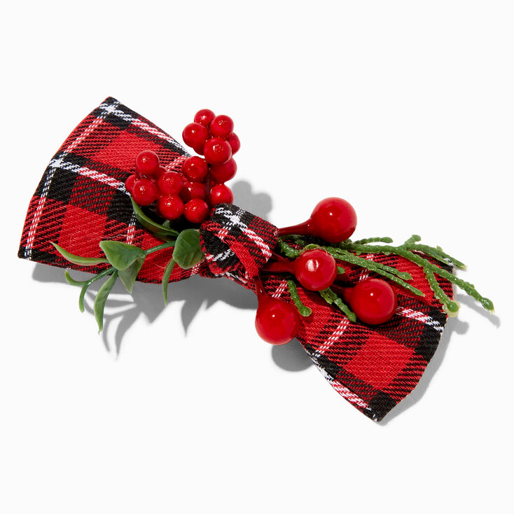 Holiday Plaid Cranberry &amp; Greenery Hair Bow Clip,