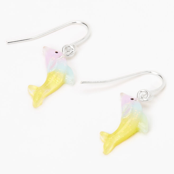 Silver 1&quot; Pastel Dolphin Drop Earrings,