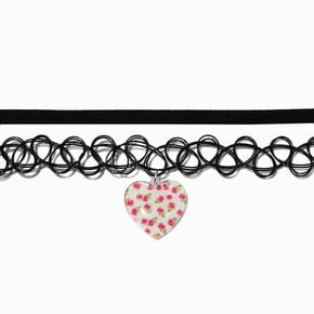 Black Cord &amp; Tattoo Heart Choker Necklaces - 2 Pack,