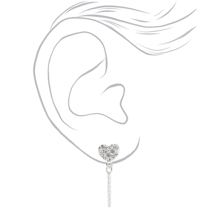 Silver Heart Front and Back Chain Stud Earrings,