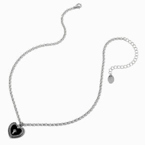 Collier &agrave; pendentif cha&icirc;ne couleur argent&eacute;e c&oelig;ur noir au contour *en pav&eacute;,