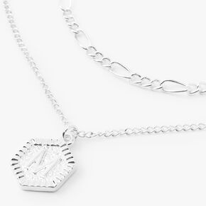 Silver Initial Hexagon Pendant Chain Necklace Set - 2 Pack, M,