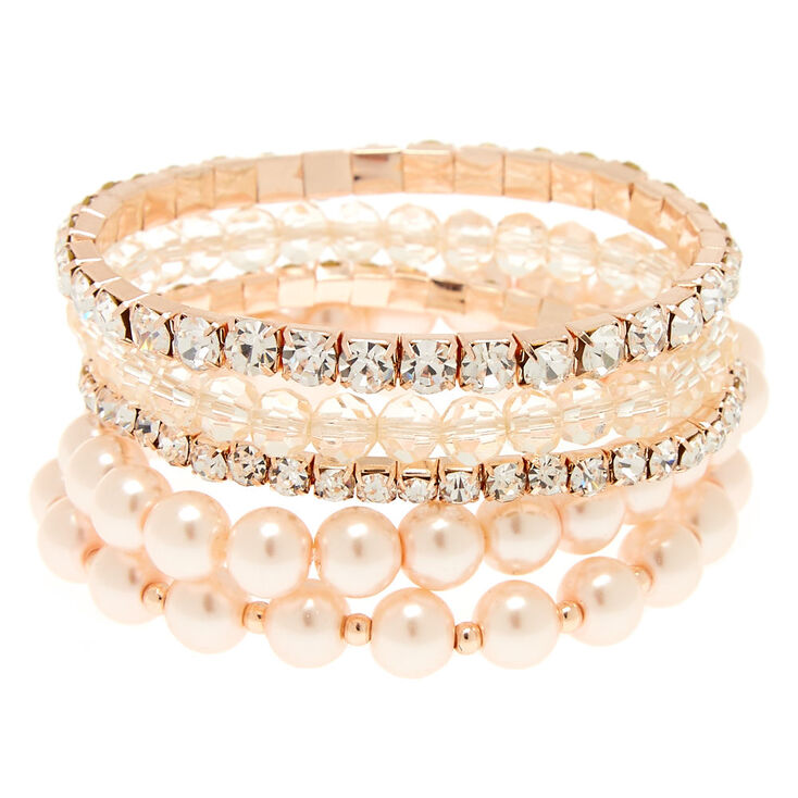 Rose Gold Pearl Stretch Bracelets - 5 Pack,