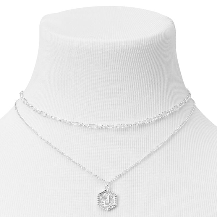Silver Initial Hexagon Pendant Chain Necklace Set - 2 Pack, J,