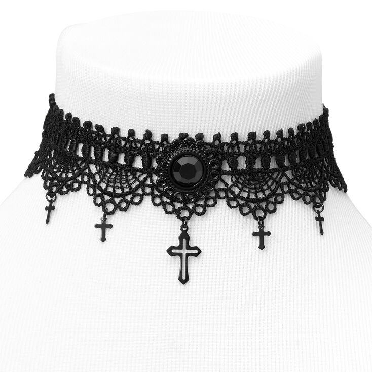 Embellished Cross Black Lace Choker Necklace,