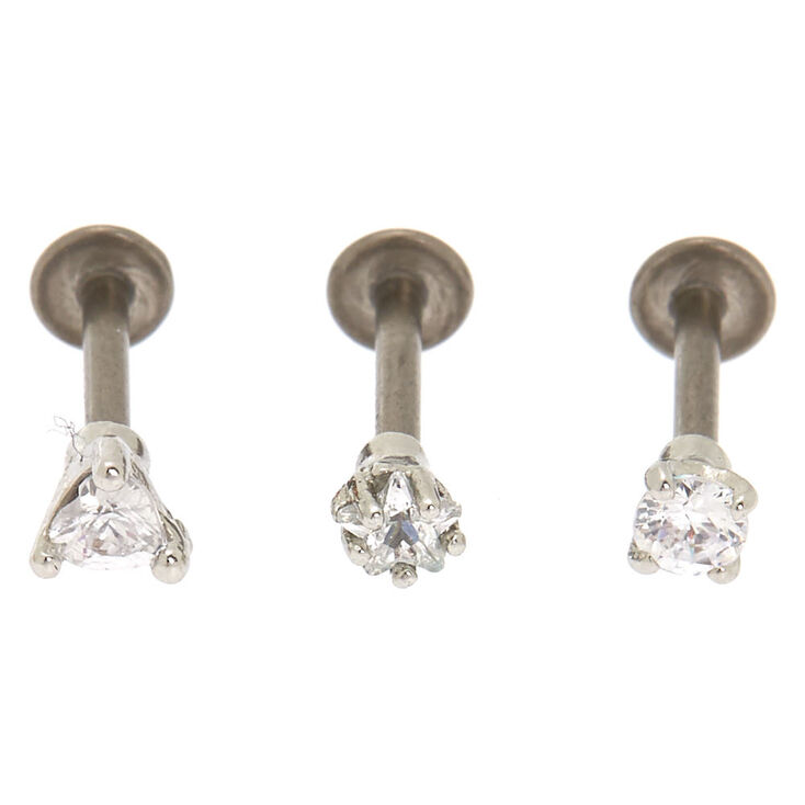 Titanium Cubic Zirconia 16G Mixed Labret Flat Back Studs - 3 Pack,